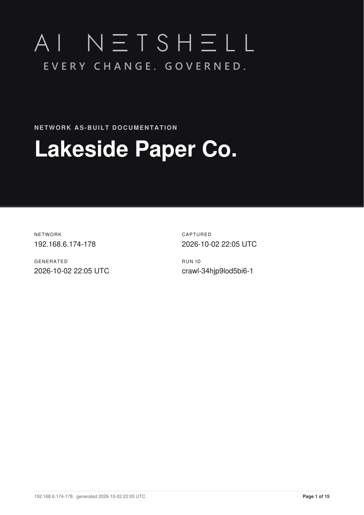 Page 1 of the as-built PDF: the AI NetShell cover with Network as-built documentation for the example client Lakeside Paper Co., the network 192.168.6.174-178, the capture and generation times and the run ID.