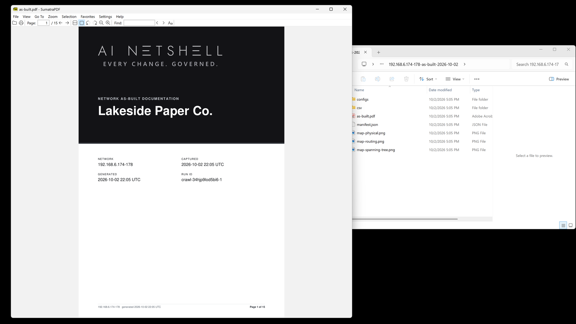 The as-built PDF generated by AI NetShell, open on page 1 of 15: its cover carries the AI NetShell lockup and tagline, Network as-built documentation for the example client Lakeside Paper Co., then the network 192.168.6.174-178, the capture and generation times and the run ID. Beside it, the export folder: configs and csv folders, the as-built PDF, a manifest, and the physical, routing and spanning tree map images.