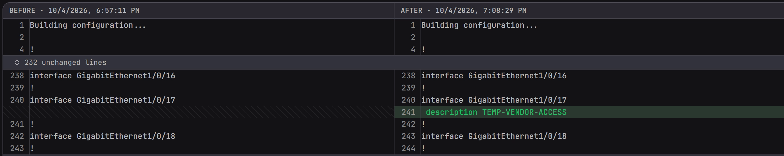 AI NetShell's side-by-side comparison of two saved configurations of the switch C9K-ACC2, before (10/4/2026, 6:57:11 PM) and after (7:08:29 PM). 232 unchanged lines are folded. Under interface GigabitEthernet1/0/17, the after column has one added line, 241, description TEMP-VENDOR-ACCESS, highlighted in green.