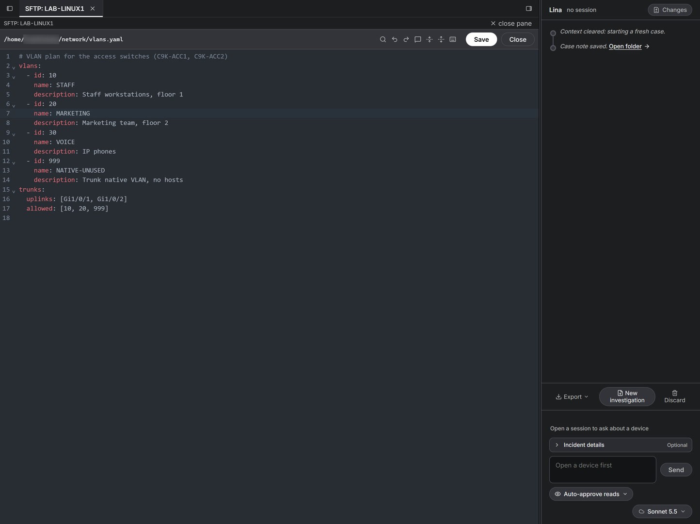 The built-in editor open over SFTP on LAB-LINUX1, showing network/vlans.yaml in color: a VLAN plan for the access switches with VLANs 10 STAFF, 20 MARKETING, 30 VOICE and 999 NATIVE-UNUSED, and the trunk uplinks Gi1/0/1 and Gi1/0/2 allowing 10, 20 and 999. The user name in the file path is blurred.
