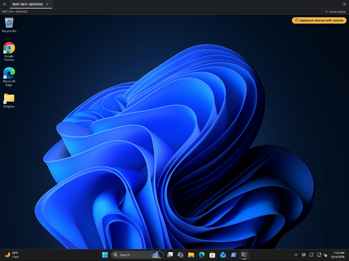A remote desktop session to the Windows 11 server DEV-SERVER2, filling the workspace, with its own taskbar and desktop icons.