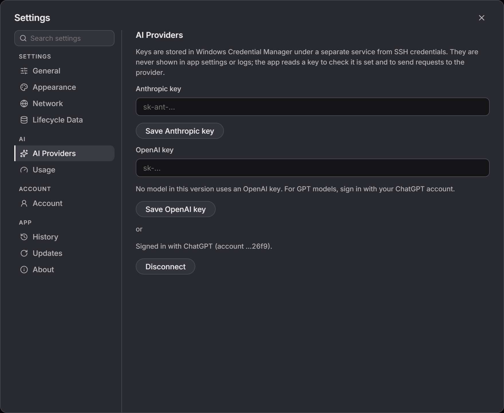 Settings AI Providers with the empty Anthropic key field, the empty OpenAI key field with the note that no model in this version uses an OpenAI key and GPT models use a ChatGPT sign-in, and a signed-in ChatGPT account above a Disconnect button