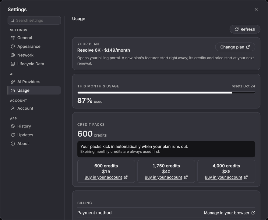 The Settings Usage pane showing the plan line with Change plan, this month's percentage used and reset date, the exact pack balance, the three credit packs with their prices, and the billing links