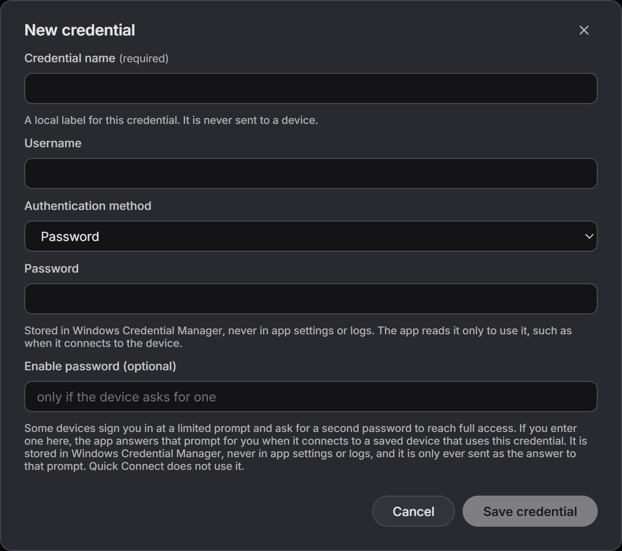 The New credential dialog with Credential name, Username, the Password authentication method, Password, and the optional enable password field, each with its help text, and the Cancel and Save credential buttons