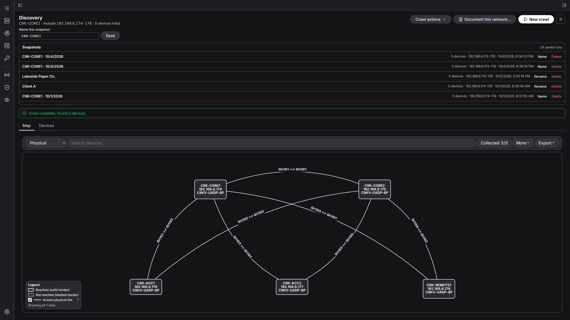 Completed Discovery results: the snapshot list with the new run at the top, Crawl complete. Found 5 devices., and the Map tab open on the physical map of the five switches