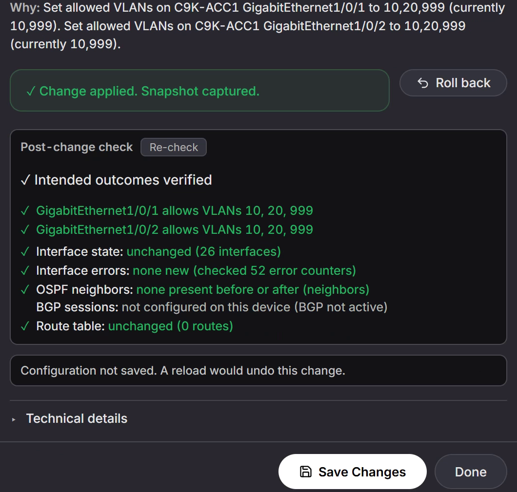 The lower part of the change window after a two-uplink VLAN change on C9K-ACC1 was applied: Why, set the allowed VLANs on Gi1/0/1 and Gi1/0/2 to 10,20,999; the green Change applied. Snapshot captured. with Roll back; Post-change check with Intended outcomes verified, GigabitEthernet1/0/1 and GigabitEthernet1/0/2 allow VLANs 10, 20, 999, interface state unchanged, no new interface errors, OSPF and BGP not affected and the route table unchanged; Configuration not saved. A reload would undo this change.; Technical details closed; and the Save Changes and Done buttons
